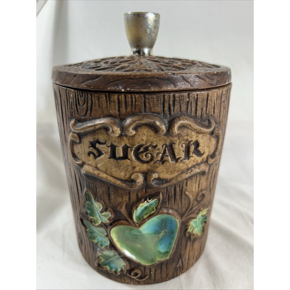 Vintage Treasure Craft Sugar Canister Turquoise Faux Wood Grain Apple USA Descr